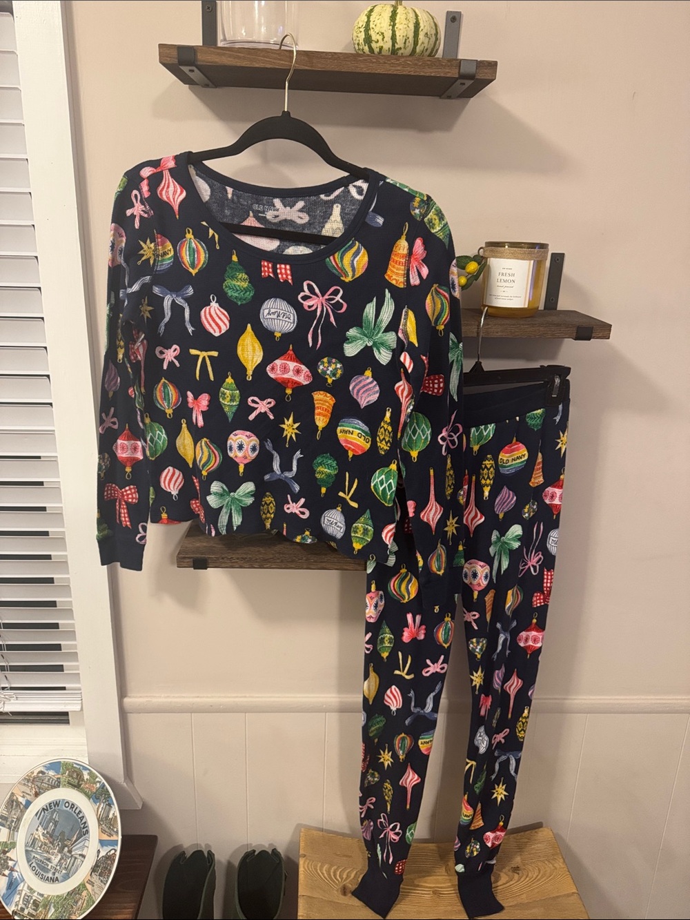 Womens Blue Holiday Ornament Pajama Set XS